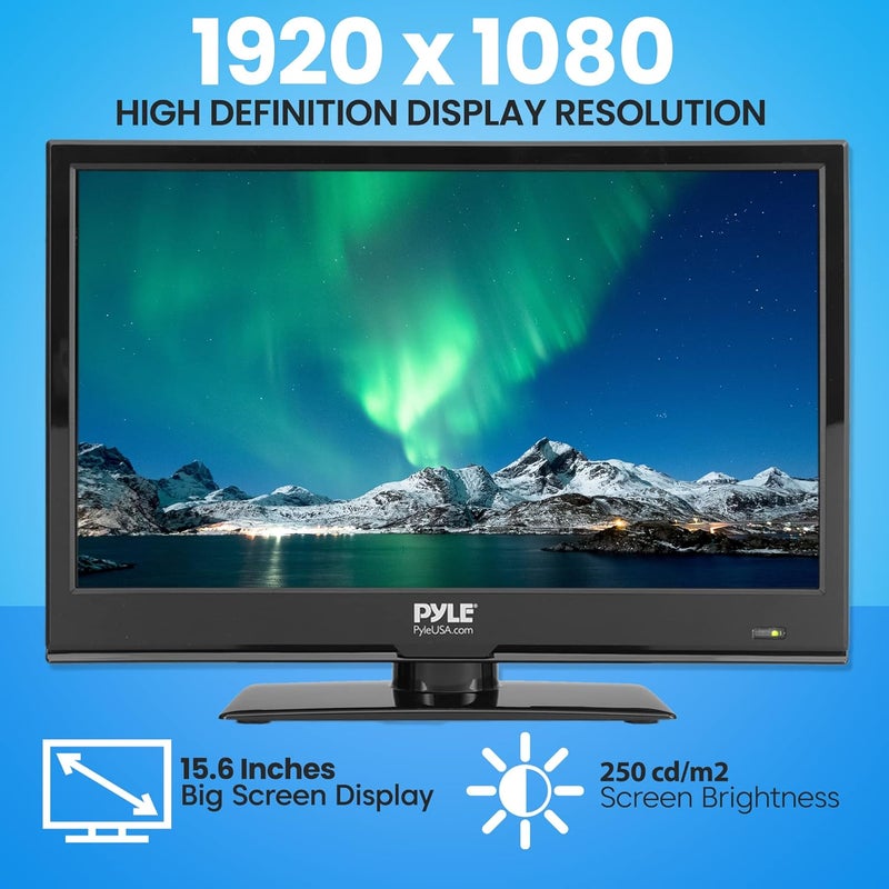 Pyle تلفاز LED مسطح 15.6 بوصة، تلفاز صغير بدقة 1080 بكسل للسيارات، المنازل، وRV، HDMI، RCA، مجموعة DVD مدمجة، محول 12/24 فولت، تلفاز قابل للتعليق على الحائط مع جهاز تحكم عن بعد، متوافق مع ماك وPC، شاشة رفيعة، أسود - Image 3